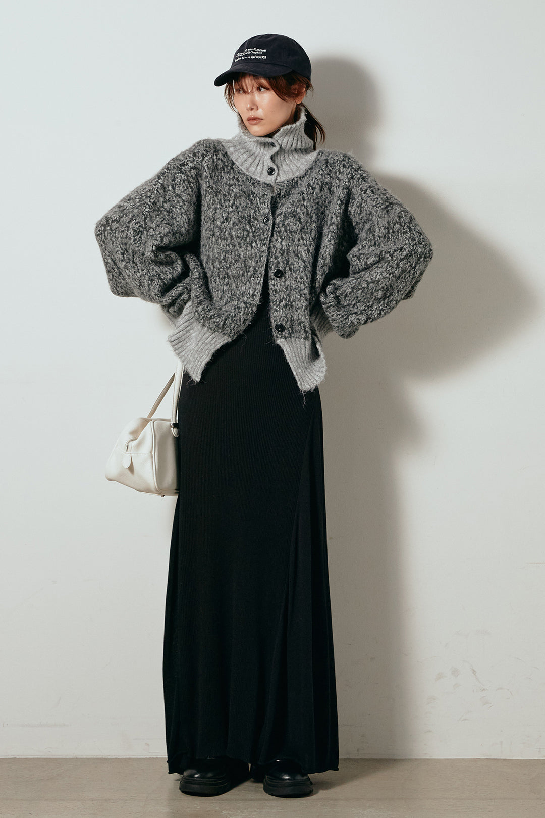 [SET]ハイネックミックスニットトップス+サイド切り替えリブニットロングスカート(2set)