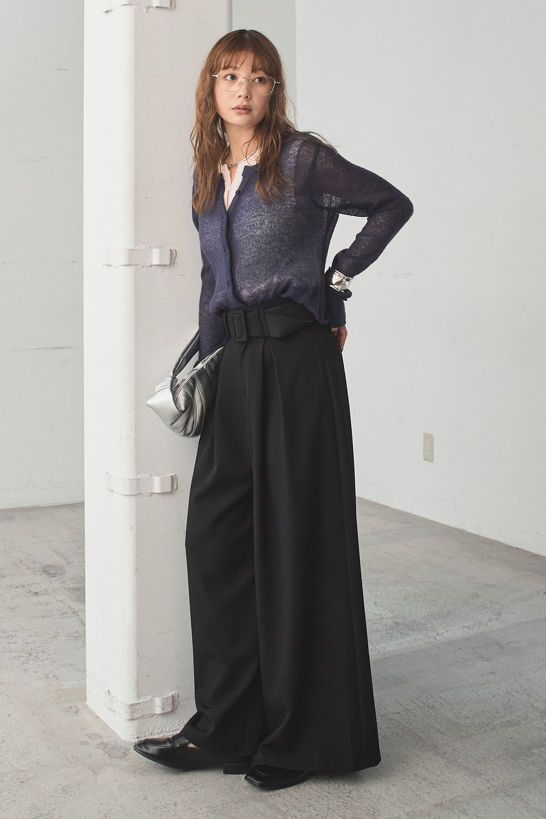 [SET]モヘア透かし編みレイヤードアンサンブルセット+ベルト付きツータックワイドパンツ(2set)