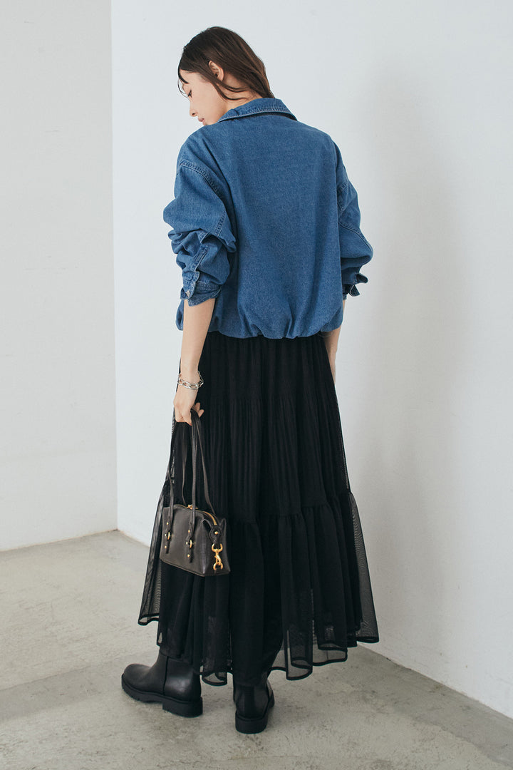 [SET]スタンドカラーデニムブルゾンジャケット+ボリュームシルエットチュールスカート(2set)