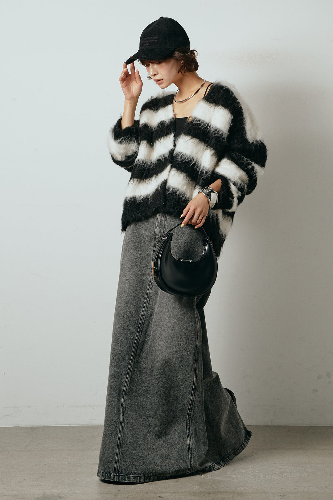 [SET]シャギーボーダー柄ニットカーディガン+デニムロングフレアスカート(2set)