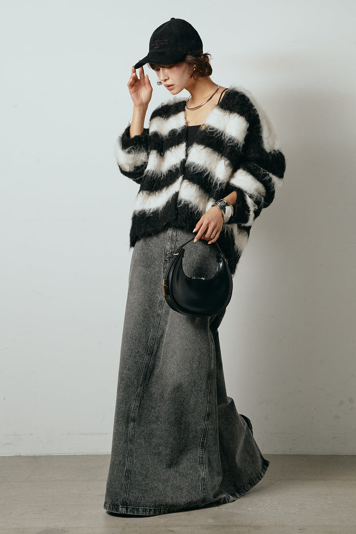 [SET]シャギーボーダー柄ニットカーディガン+デニムロングフレアスカート(2set)