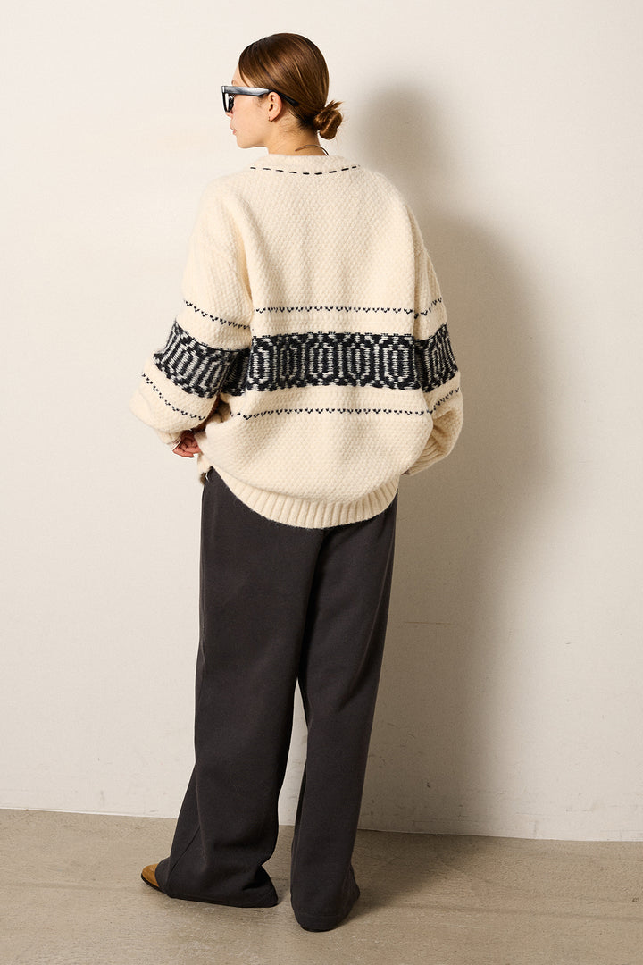 [SET]ライン柄ステッチニットカーディガン+裏起毛スウェットワイドパンツ(2set)