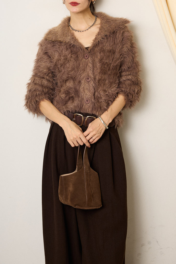 [SET]襟付きシャギーニットカーディガン+フェイクレザー太ベルト付きタックワイドパンツ(2set)