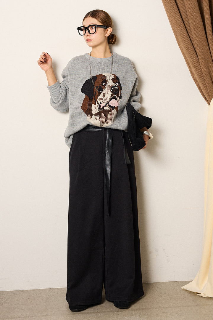 [SET]アニマルジャガード柄ニットトップス+巻ベルトウエストレザーライクワイドパンツ(2set)