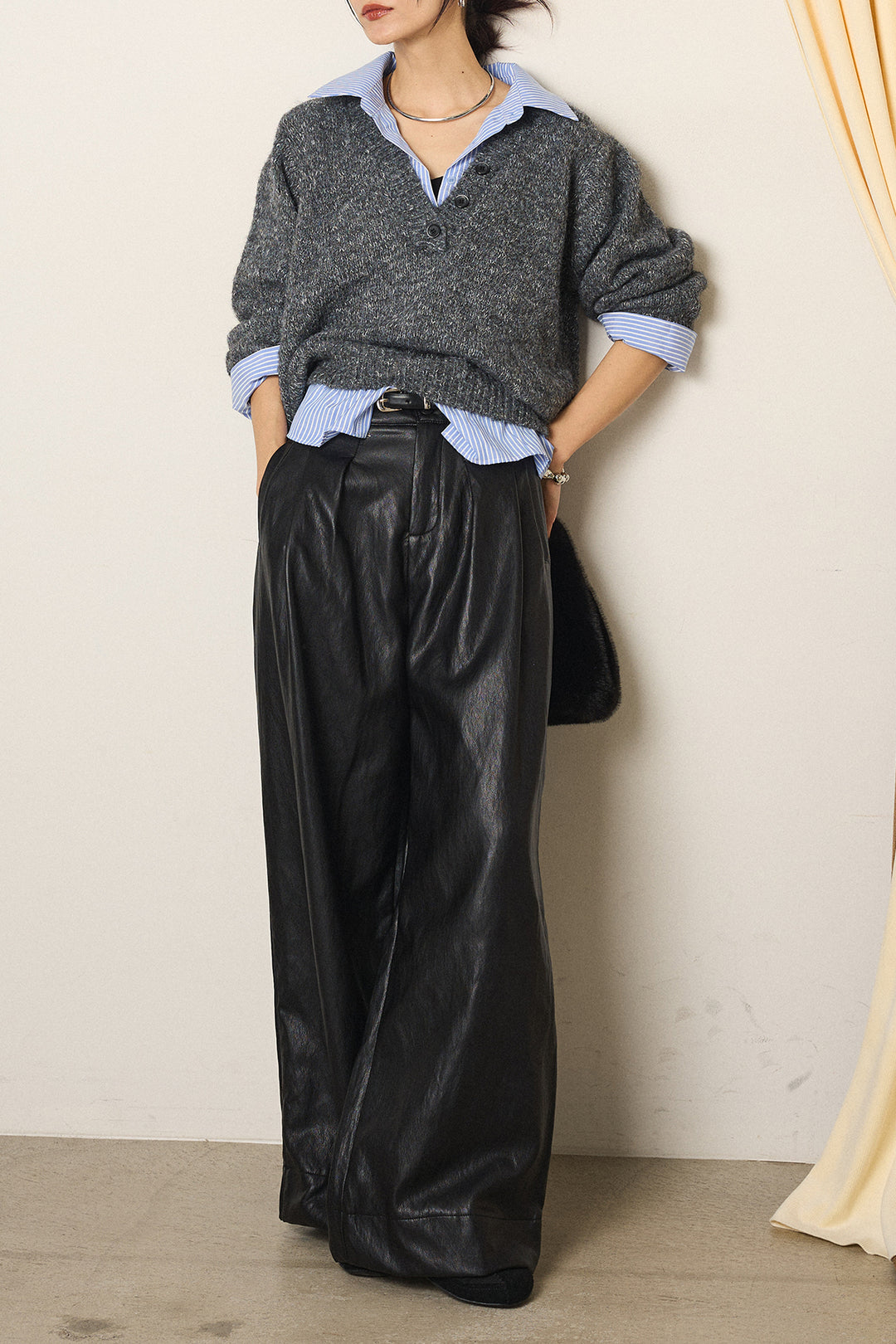 [SET]ストライプシャツドッキングニットポロトップス+ベルト付きレザーライクタックパンツ(2set)