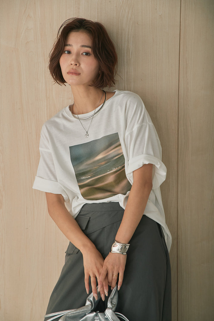 [SET]MarbleプリントTシャツ+ポケットベルト付きニーサイドタックパンツ(2set)