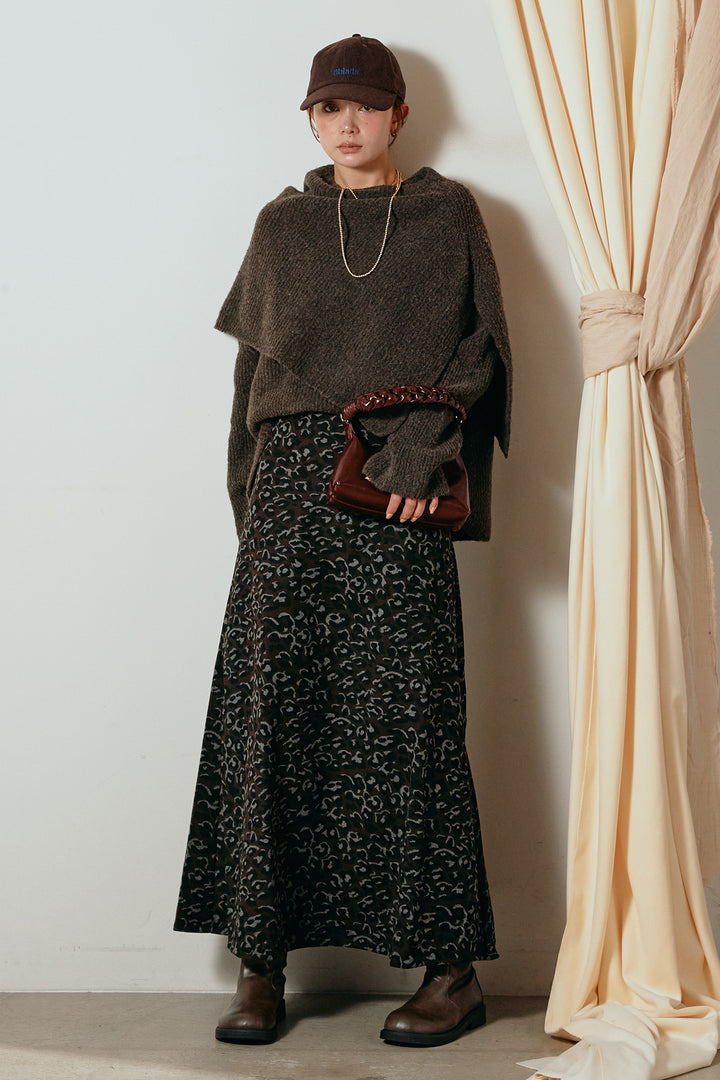 [SET]ケープデザインリブニットトップス+レオパードロングスカート(2set)