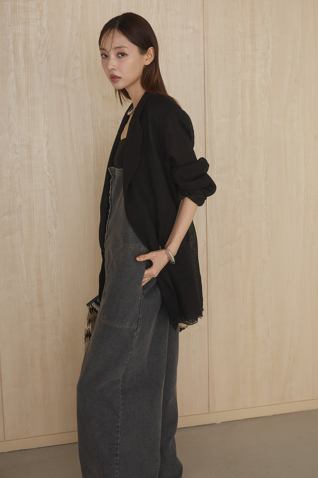 [SET]メッシュテーラードワイドジャケット+フロントボタンデニムサロペット(2set)