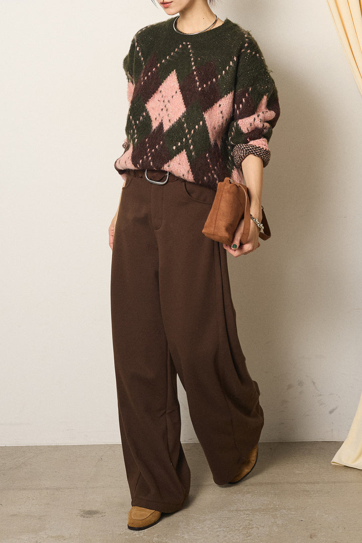 [SET]配色アーガイル柄ニットトップス+編みベルト付きワイドパンツ(2set)