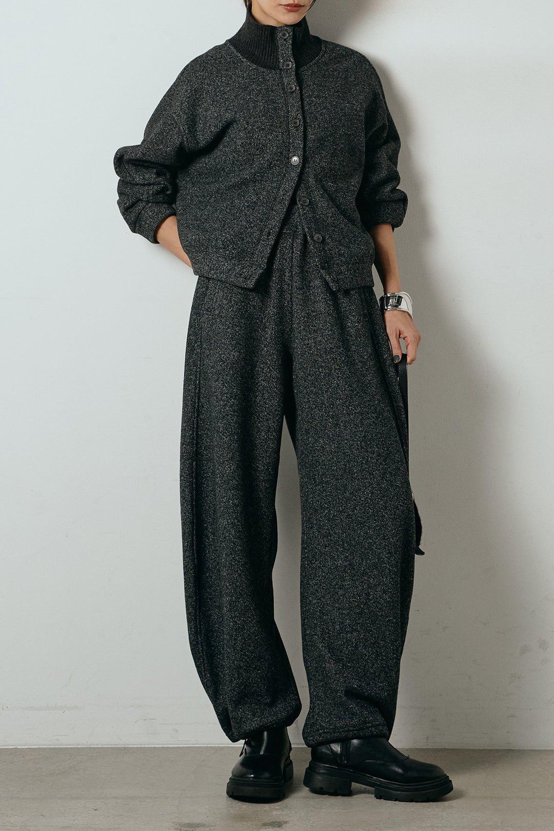 [SET]リブスタンドネックボタントップスSETUP