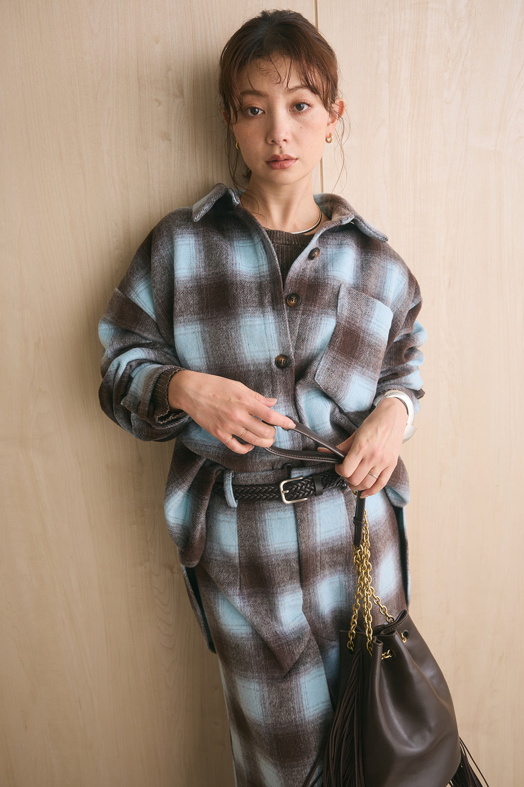 [SET]起毛チェック柄シャツジャケット+起毛チェック柄ボックスタックスカート+プレーティングクルーネックプルオーバー(3set)