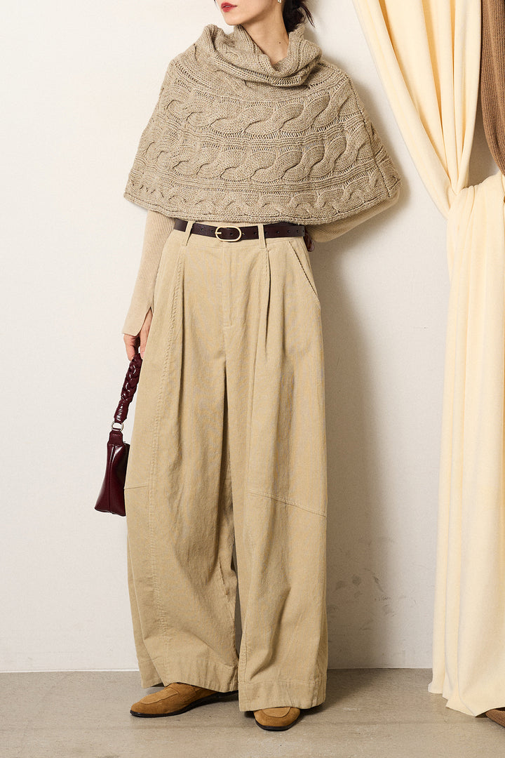 [SET]ケーブル編みケープレイヤードニット+タック入りコーデュロイワイドパンツ(2set)