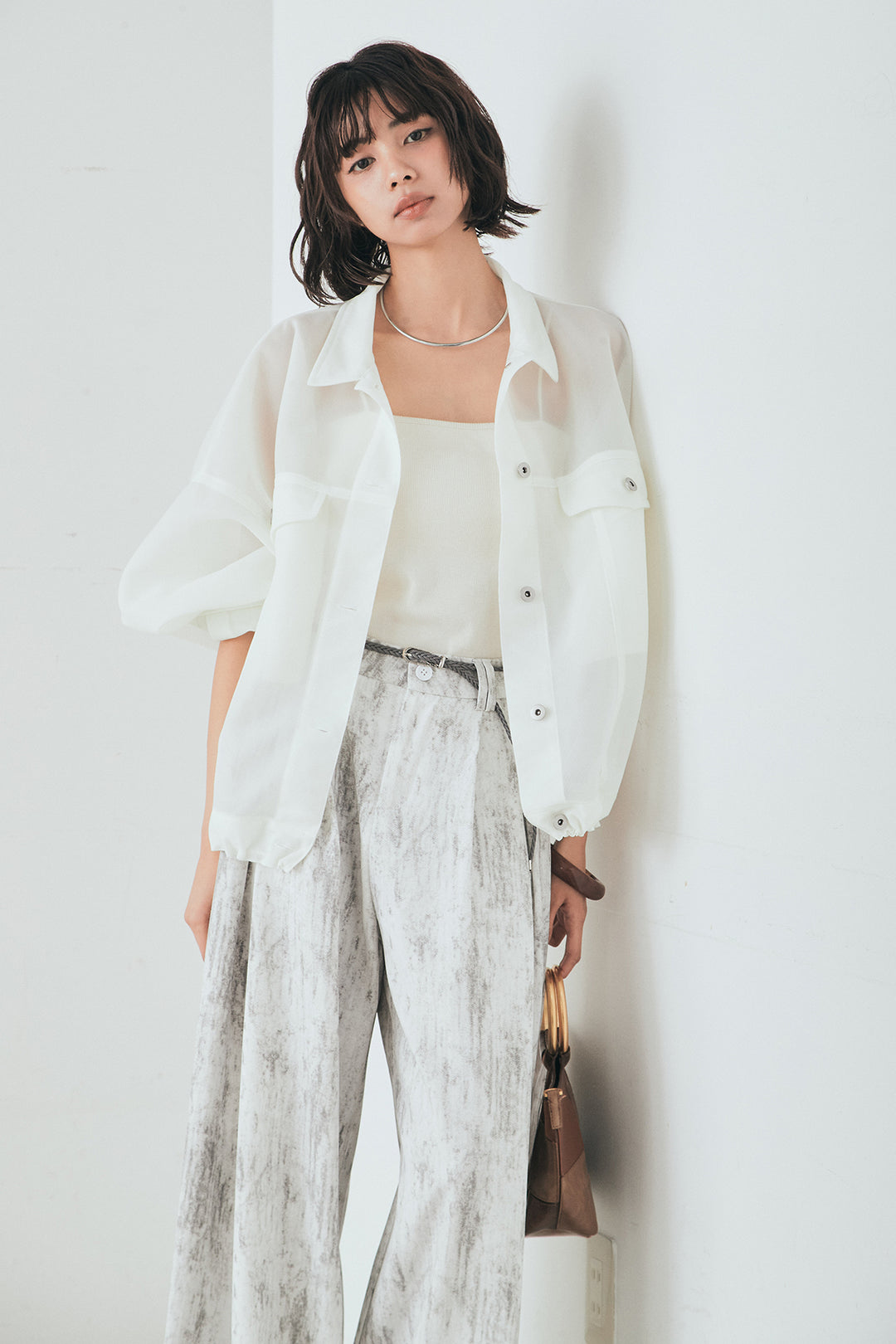 [SET]シアーダンボールサイドドロストジャケット+紐ベルト付きかすれ柄ワイドスラックス(2set)