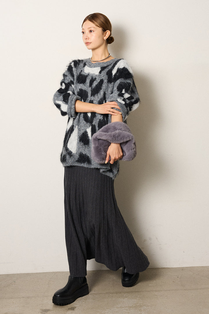 [SET]ルーズアニマルモヘアニットトップス+編み地切り替えフレアニットスカート(2set)