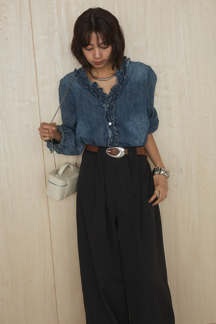 [SET]Vネックデニムフリルトップス+ベルトループデザインハイウエストタックパンツ(2set)