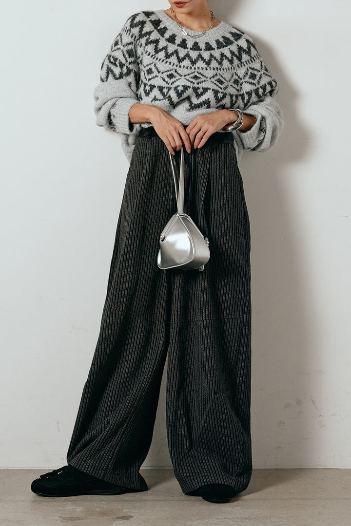 [SET]ノルディック柄Uネックプルオーバー+レザーライク配色ストライプパンツ(2set)