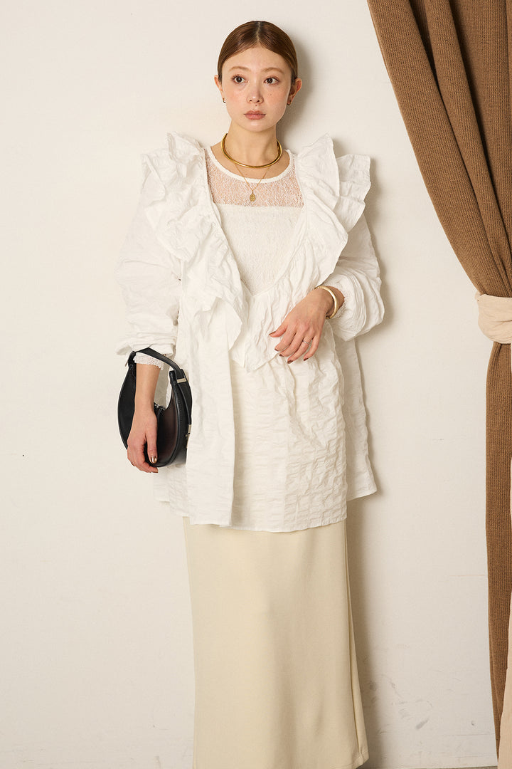 [SET]Vネックフリルカラーブラウス+ストレッチレースクルーネックインナー(2set)