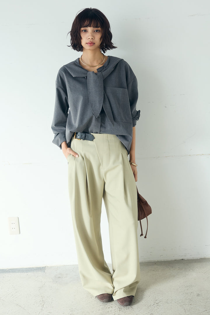 [SET]無地タイ付フーディーBIGシャツ+サイドベルトタック入りスラックス(2set)