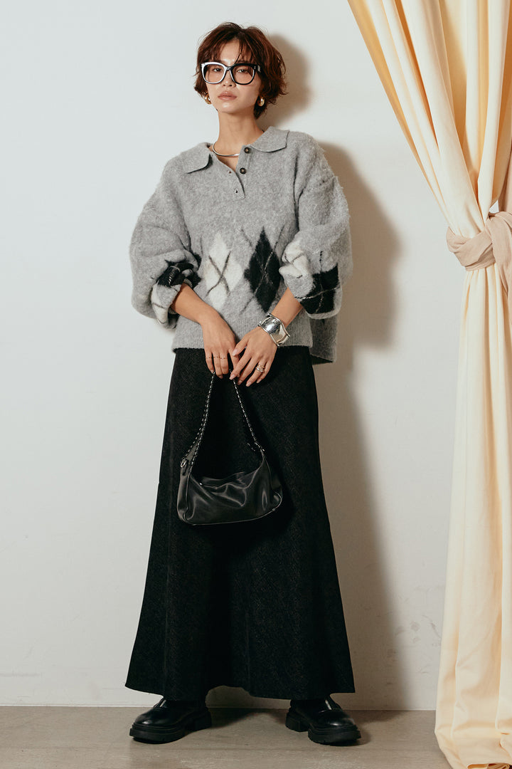 [SET]アーガイル柄ポロニットトップス+スウェードライクロングスカート(2set)