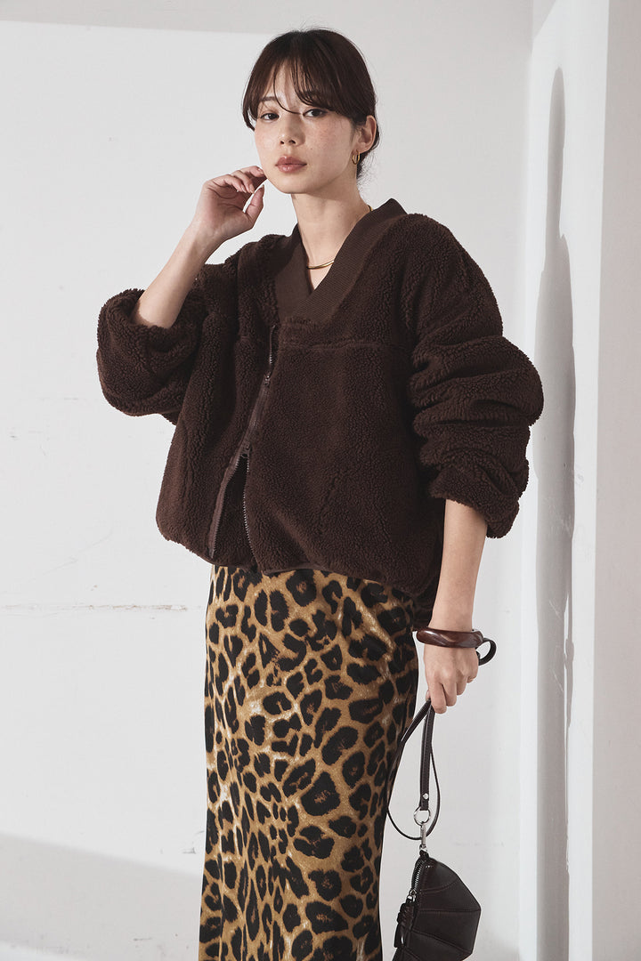 [SET]ノーカラーリブボアアウター+レオパードサテンナロースカート(2set)