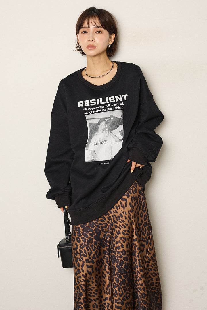 [SET]モノトーンプリントスウェット+レオパード柄サテンスカート(2set)