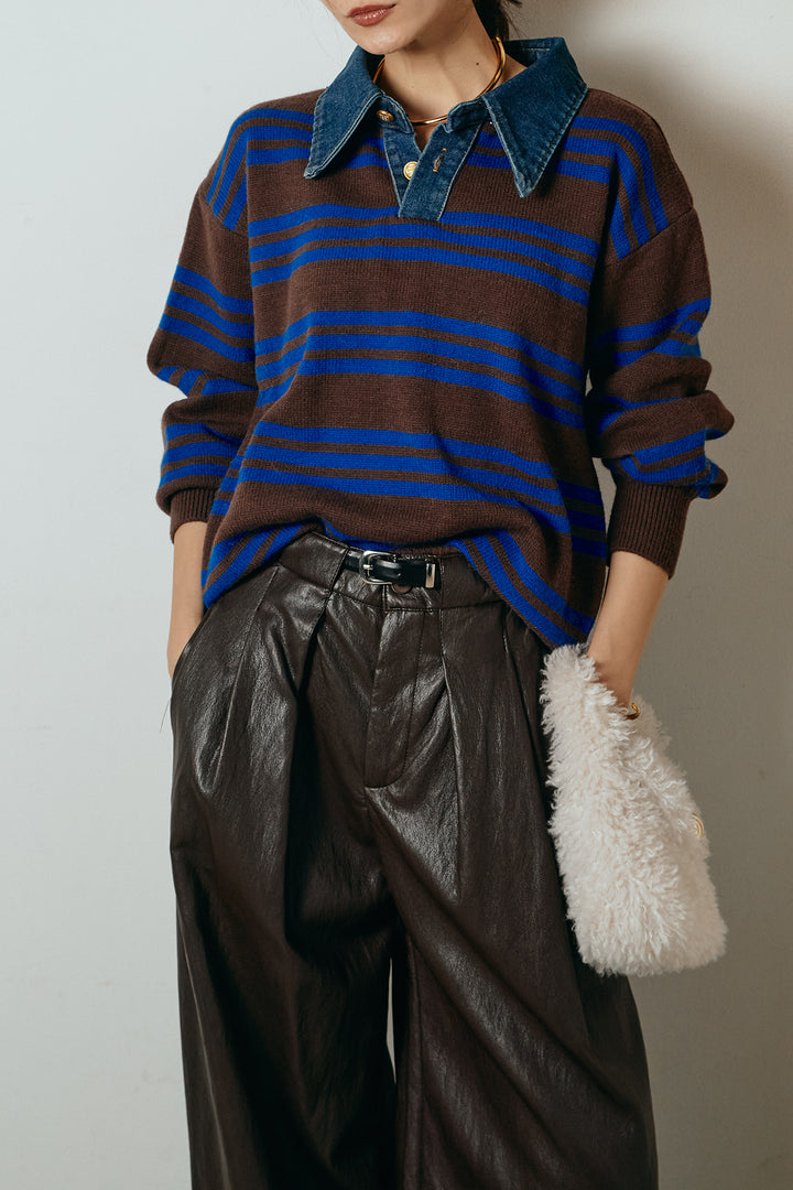 [SET]デニムレイヤード風ランダムボーダーニットプルオーバー+ベルト付きレザーライクタックパンツ(2set)