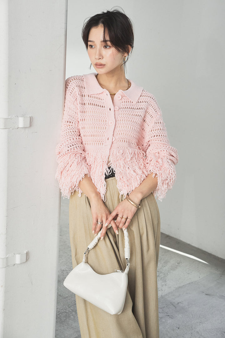 [SET]メッシュフリンジカーディガン+編みベルト付きウエストタックワイドパンツ(2set)