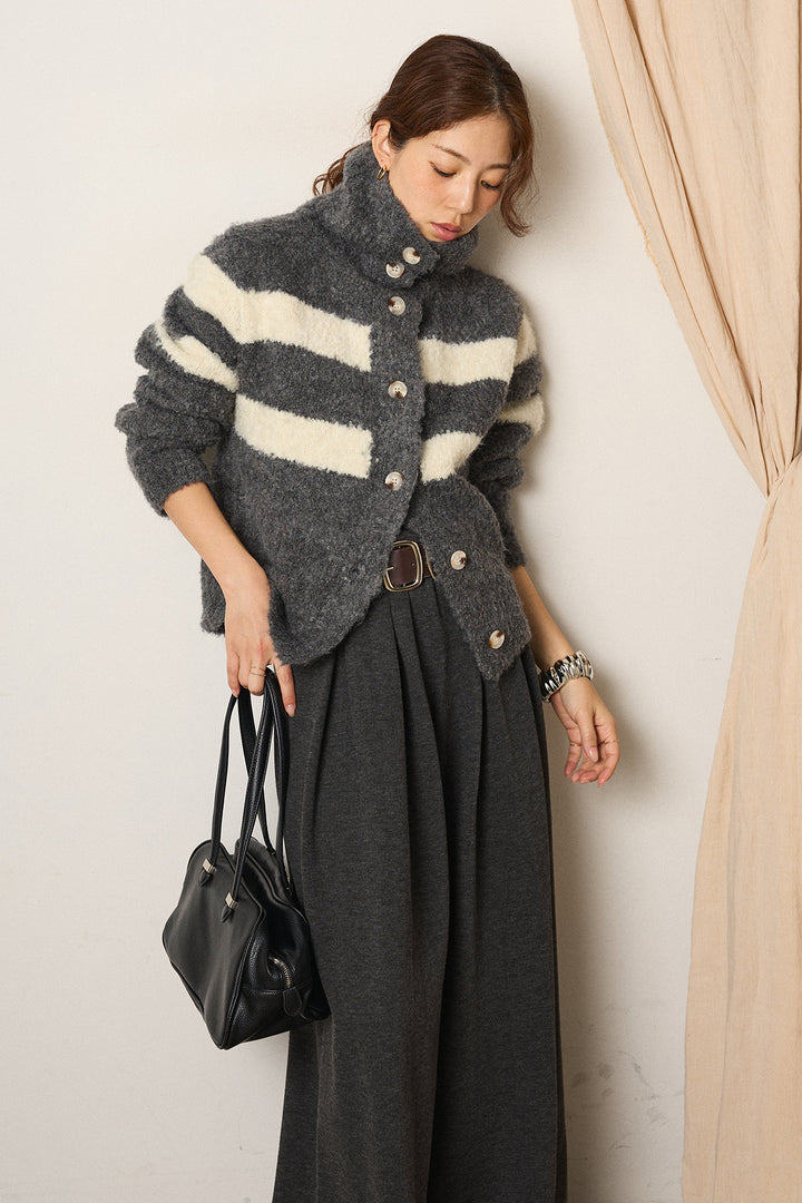 [SET]ハイネックボーダーニットカーディガン+フェイクレザー太ベルト付きタックワイドパンツ(2set)