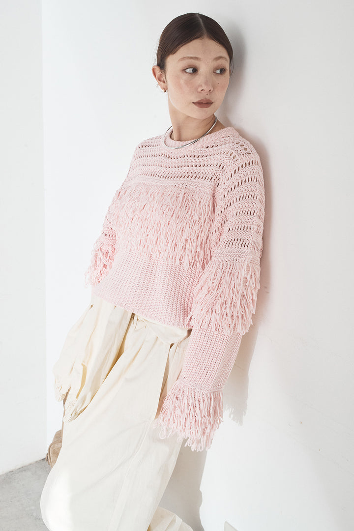 [SET]メッシュフリンジ切り替えプルオーバー+合繊ツイルスタンドウエスト巻きジョガーパンツ(2set)