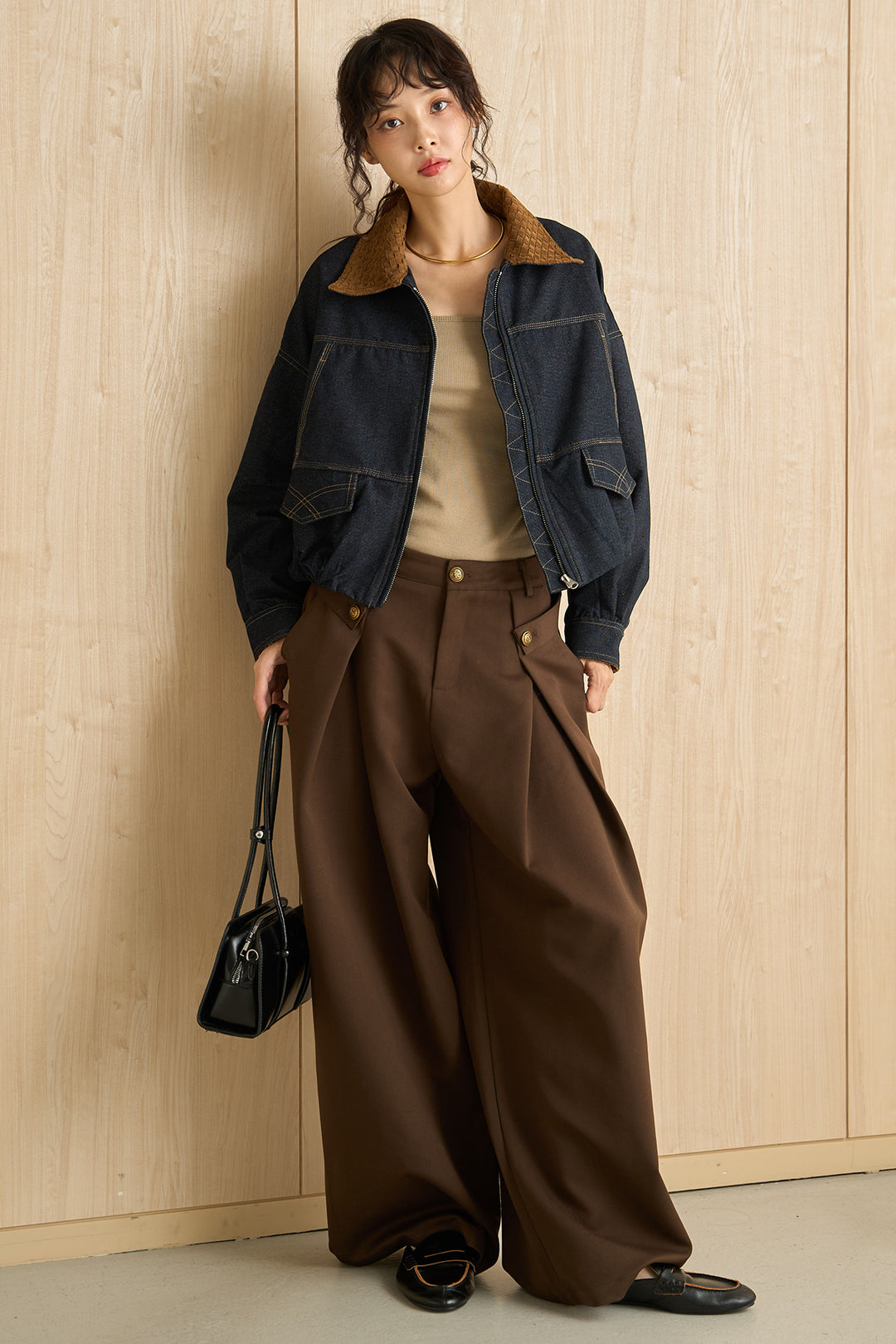 [SET]配色ステッチデニムバルーンブルゾン+サイドボタンタックバレルカーブパンツ(2set)
