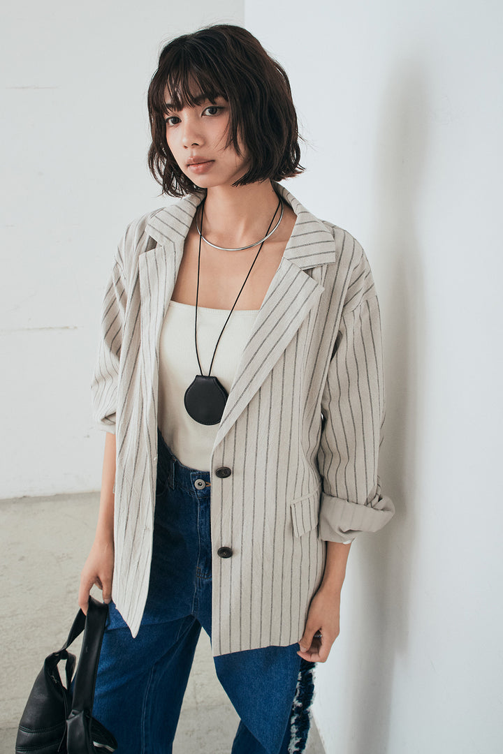 [SET]リネンライクストライプテーラードジャケット+デニムサイドフリルパンツ(2set)