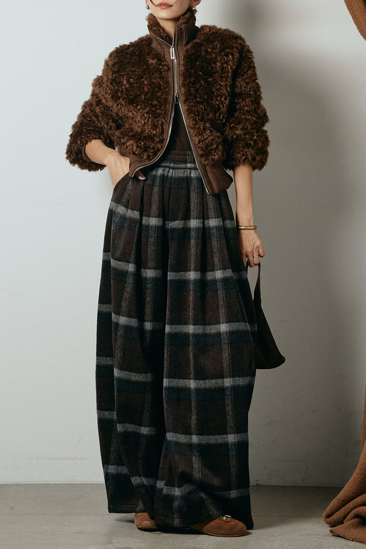 [SET]ハイネックショート丈ボアジップブルゾン+起毛タータンチェック柄ワイドパンツ(2set)