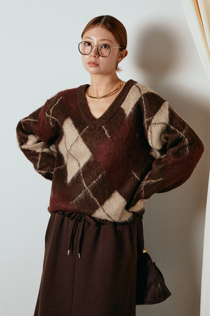 [SET]アクリルモヘアアーガイルVネックプルオーバー+裏起毛スウェットロングマキシスカート(2set)