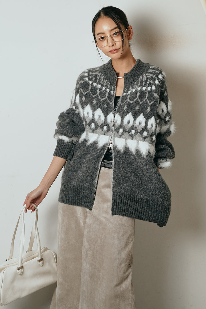 [SET]起毛ダブルジップパターンニットカーディガン+エコスウェードワイドスカート(2set)