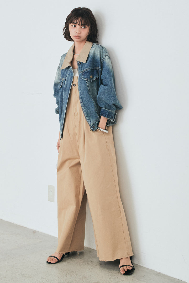 [SET]襟切り替えジップデニムジャケット+綿ツイルアシメサロペット(2set)