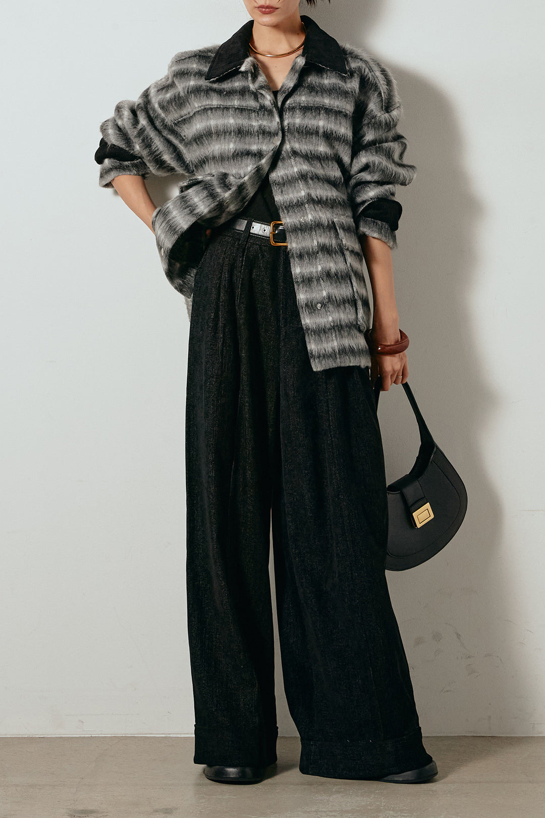[SET]チェックシャギーミドルカバーオール+フェイクレザーベルト付きスウェードライクワイドパンツ(2set)