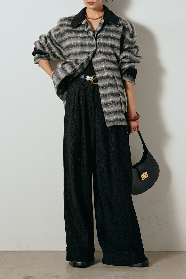 [SET]チェックシャギーミドルカバーオール+フェイクレザーベルト付きスウェードライクワイドパンツ(2set)