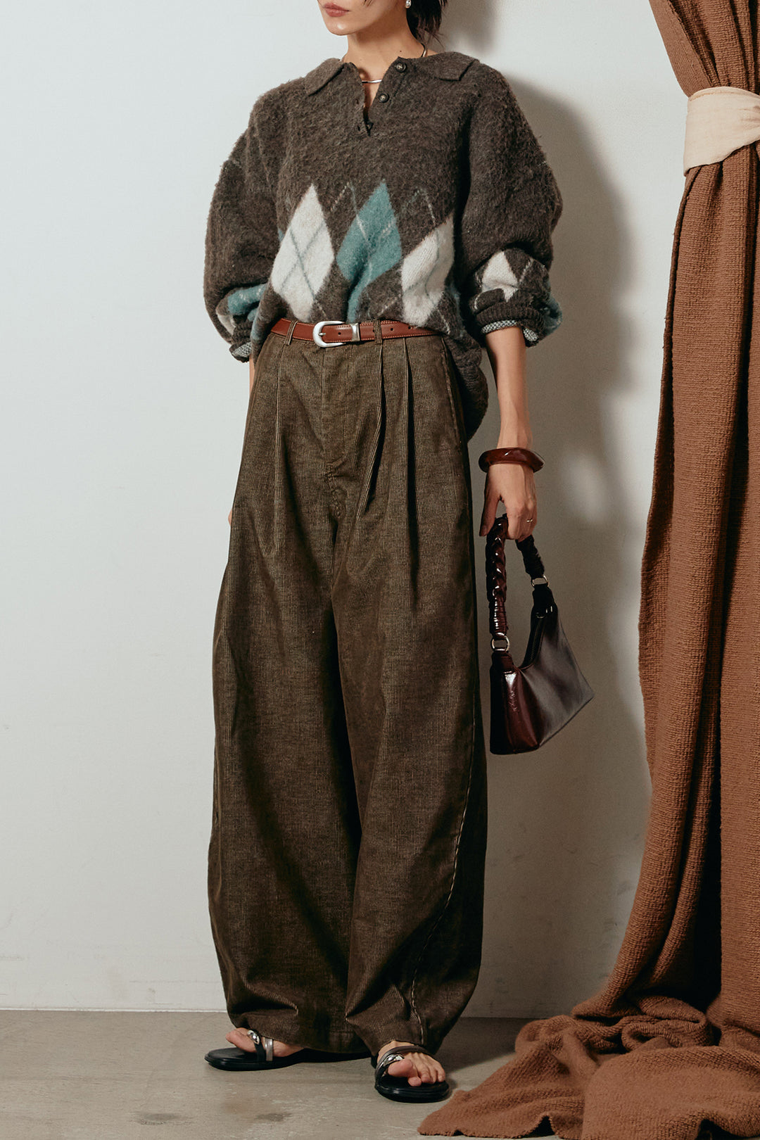 [SET]アーガイル柄ポロニットトップス+フロントタック入りコーデュロイパンツ(2set)