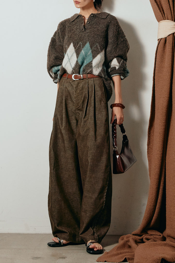 [SET]アーガイル柄ポロニットトップス+フロントタック入りコーデュロイパンツ(2set)