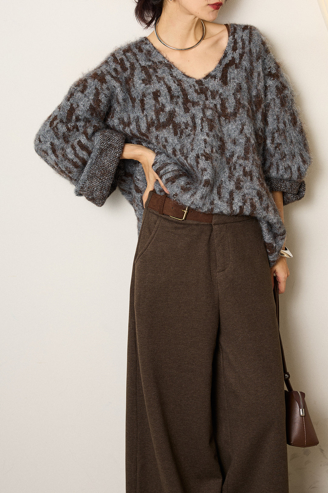 [SET]フラッフィーレオパードシャギーニット+サイドベルトパンツ(2set)