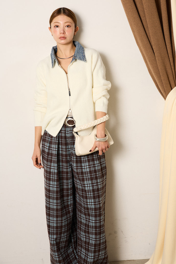 [SET]デニム襟ダブルジップニットトップス+スタッズデザインベルトタータンチェックパンツ(2set)