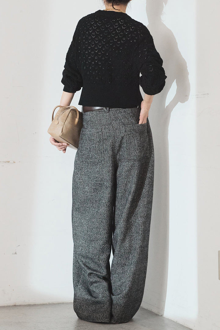 [SET]透かし編みニットジップスリットプルオーバー+タックツイードワイドパンツ(2set)
