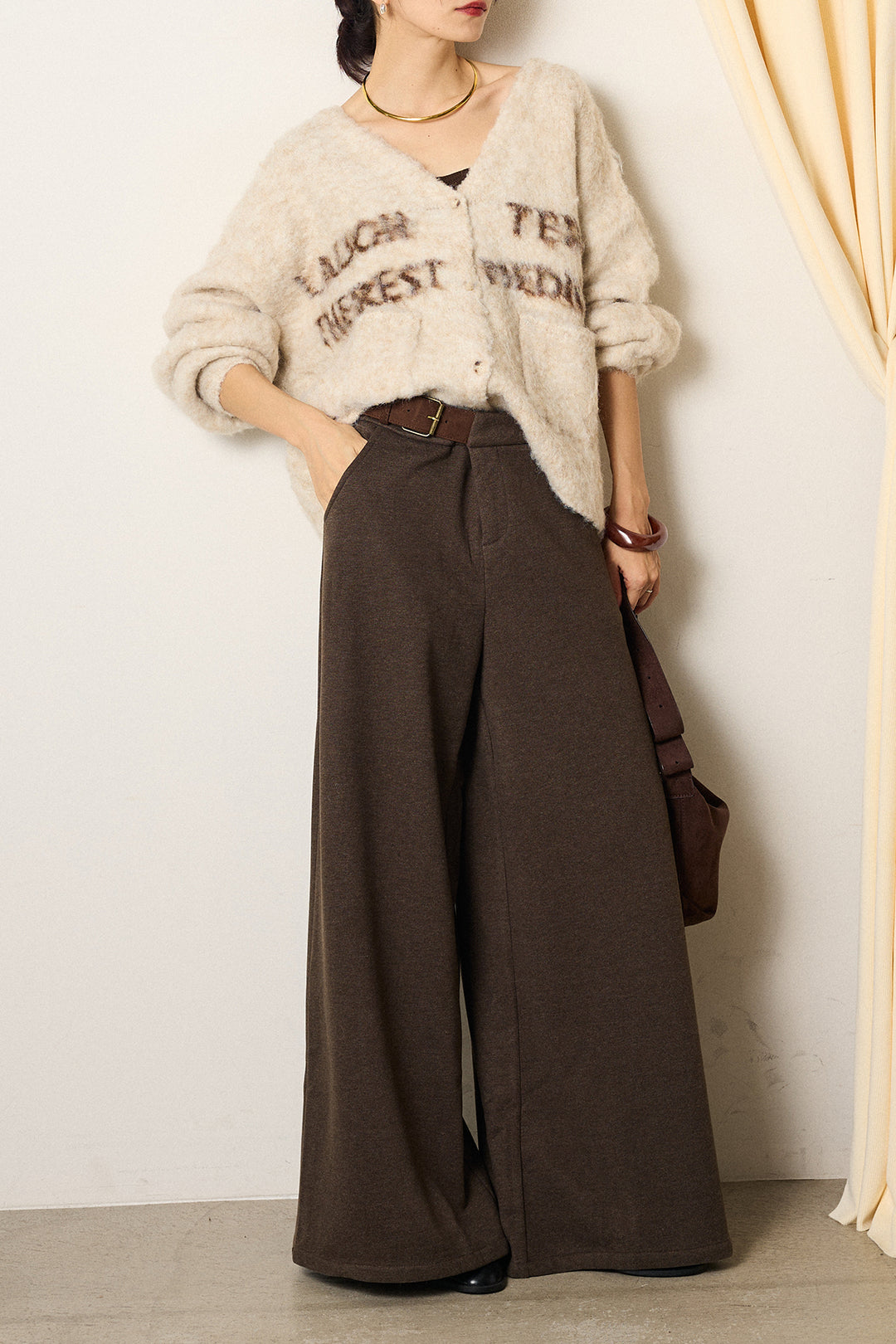 [SET]ウール混透かしロゴニットカーディガン+サイドベルトパンツ(2set)