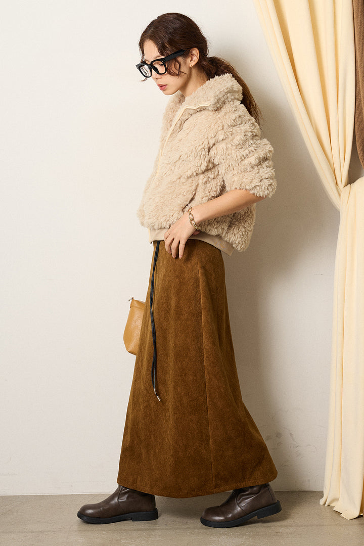 [SET]スタンドカラー裾リブボアブルゾン+ロープベルト付きスウェード調スカート(2set)