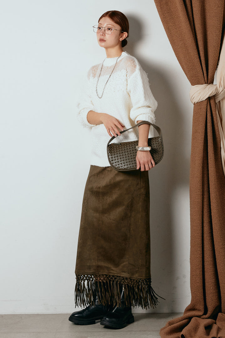 [SET]パターンランダム編みニットトップス+スウェードライク裾フリンジスカート(2set)