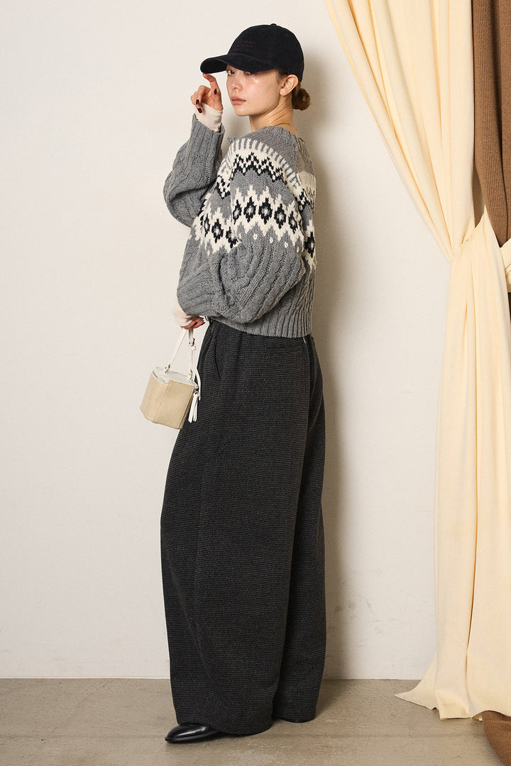 [SET]2WAY求心柄ジャガードショートカーディガン+起毛タック入りツイードワイドパンツ(2set)