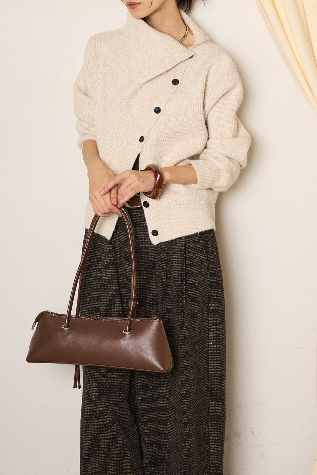 [SET]ボタンデザインネックニットプルオーバー+起毛タック入りツイードワイドパンツ(2set)