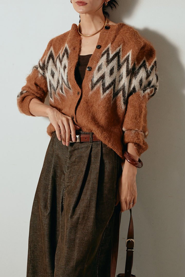 [SET]起毛ノルディック柄ニットカーディガン+フロントタック入りコーデュロイパンツ(2set)