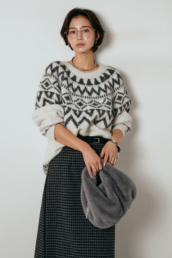 [SET]ノルディック柄Uネックプルオーバー+スエード調ベルト付きチェックナロースカート(2set)