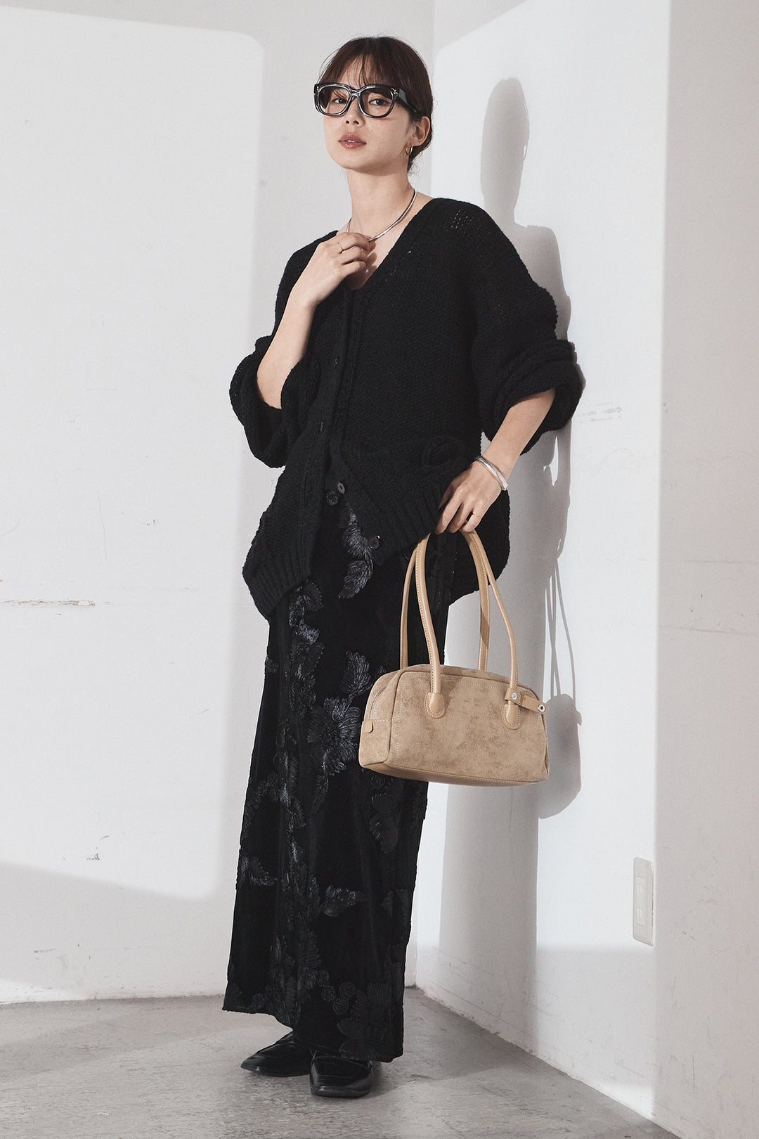 [SET]コード刺繍リラックスニットカーディガン+フラワー刺繍ワイドスカート(2set)